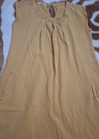 Bej Kolsuz Midi Keten Elbise - Görsel 4