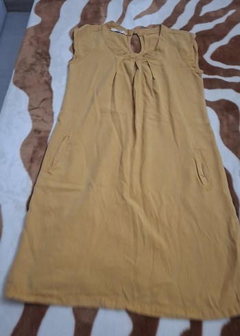 Bej Kolsuz Midi Keten Elbise - Görsel 2