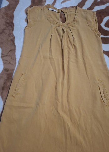 Bej Kolsuz Midi Keten Elbise - Görsel 3