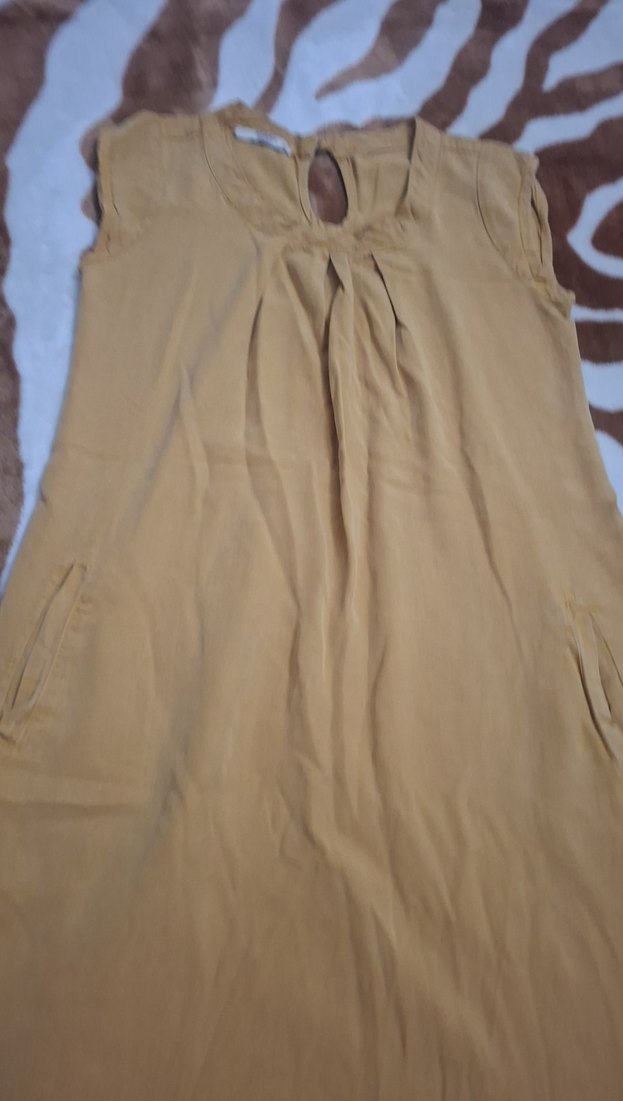 Bej Kolsuz Midi Keten Elbise - Görsel 4