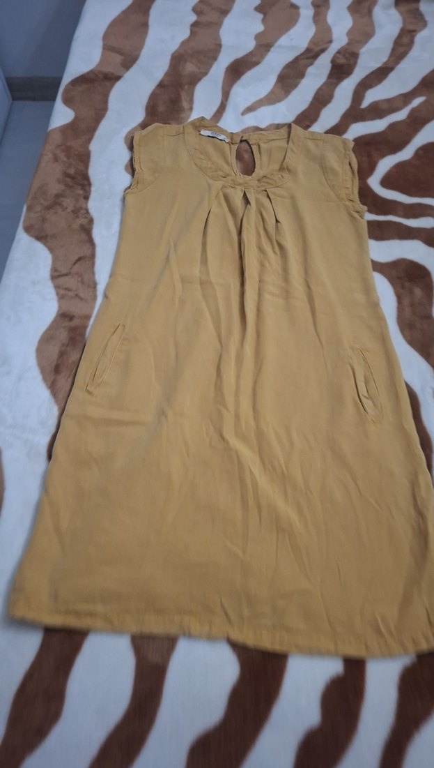 Bej Kolsuz Midi Keten Elbise - Görsel 2