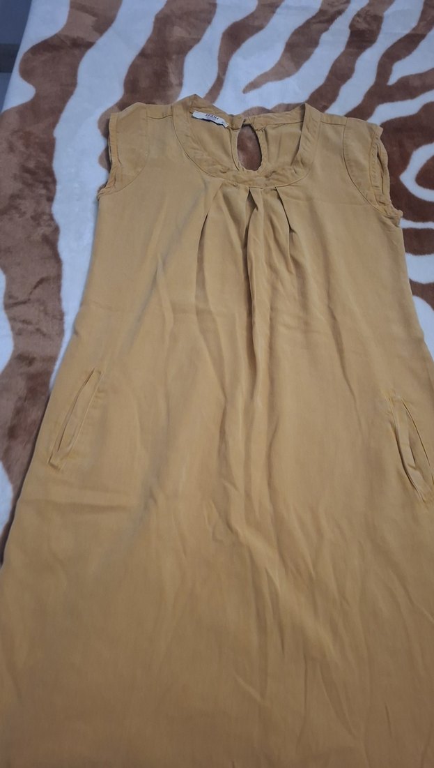 Bej Kolsuz Midi Keten Elbise - Görsel 3