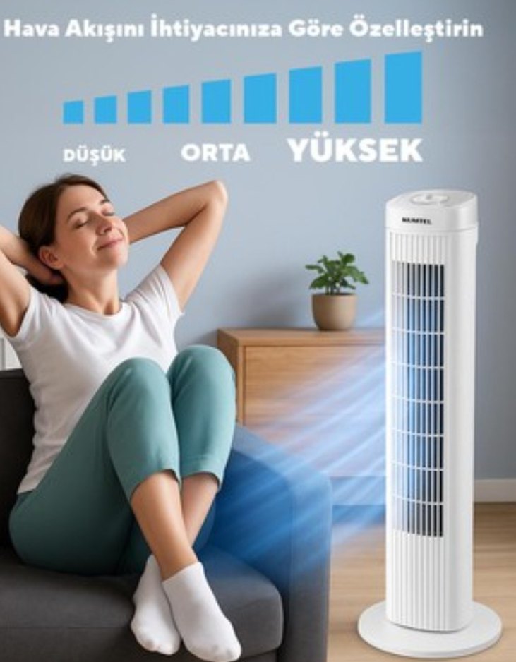 KUMTEL Beyaz Kule Vantilatör 50W 60° Salınım - Görsel 3