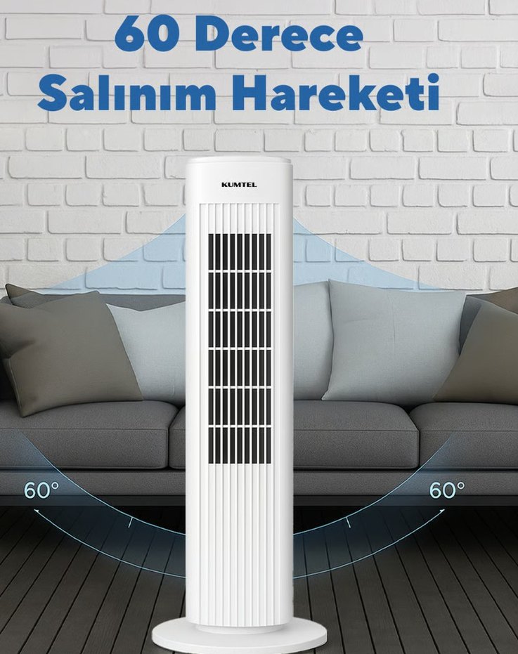 KUMTEL Beyaz Kule Vantilatör 50W 60° Salınım - Görsel 2