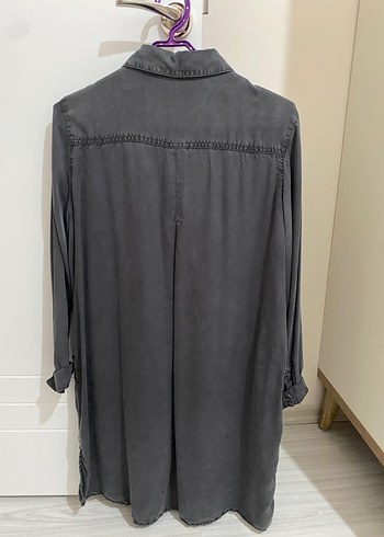 Gri Kadın Uzun Kollu Düğmeli Keten Gömlek - Görsel 2