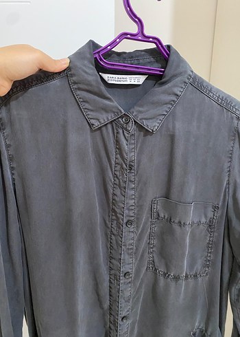 Gri Kadın Uzun Kollu Düğmeli Keten Gömlek - Görsel 3