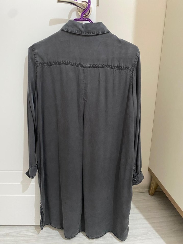 Gri Kadın Uzun Kollu Düğmeli Keten Gömlek - Görsel 2