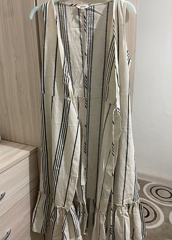 Bohem Çizgili Keten Uzun Elbise - Görsel 4