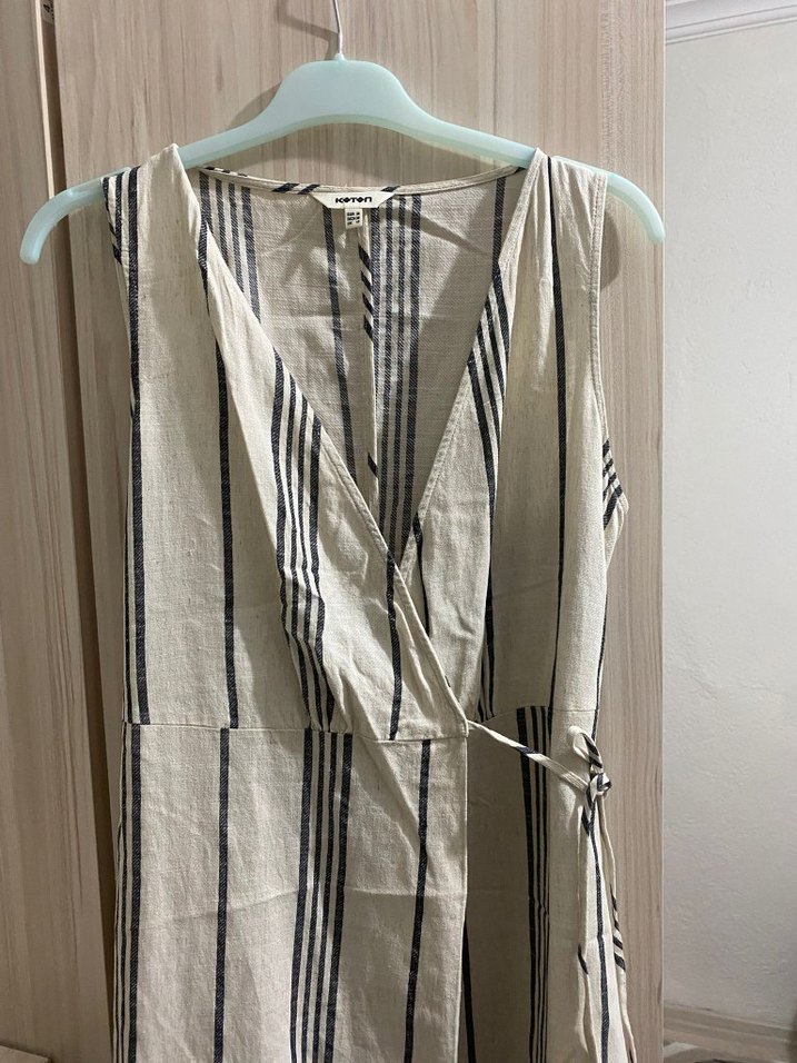 Bohem Çizgili Keten Uzun Elbise - Görsel 2