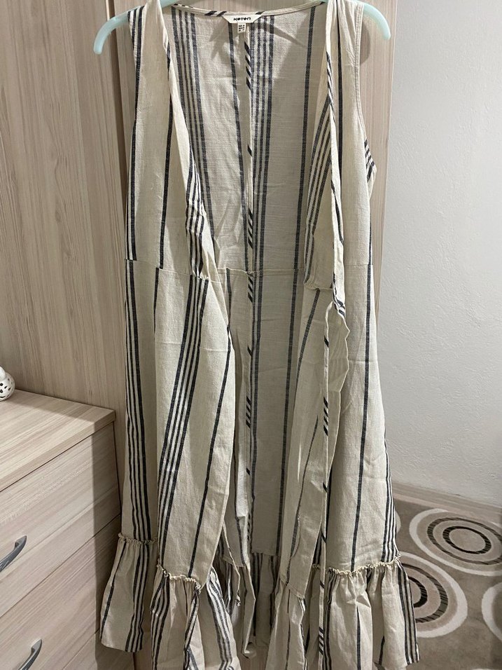 Bohem Çizgili Keten Uzun Elbise - Görsel 4