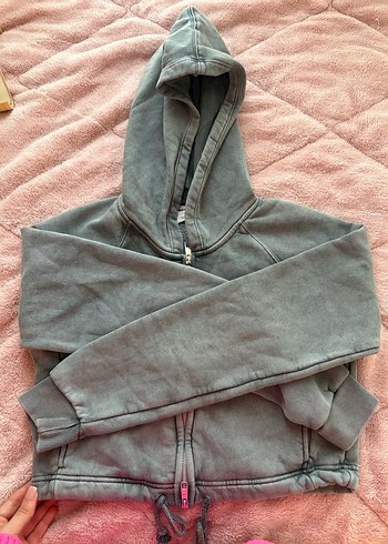 Gri Kapüşonlu Fermuarlı Kadın Sweatshirt