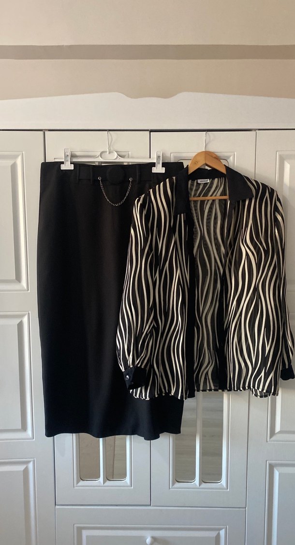 Zebra Desenli Siyah Pilili Midi Etek ve Gömlek Takım - Görsel 2