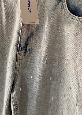 LC Waikiki Gri taş işlemeli Kadın Denim Pantolon