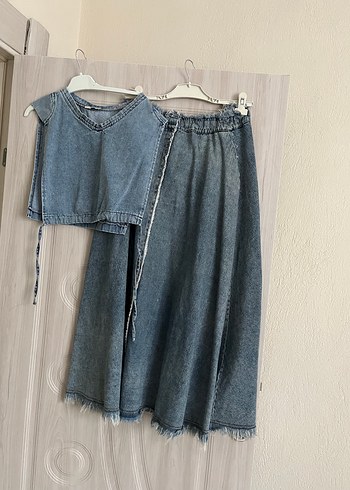 Gri Mavi Mini Denim Salaş Etek