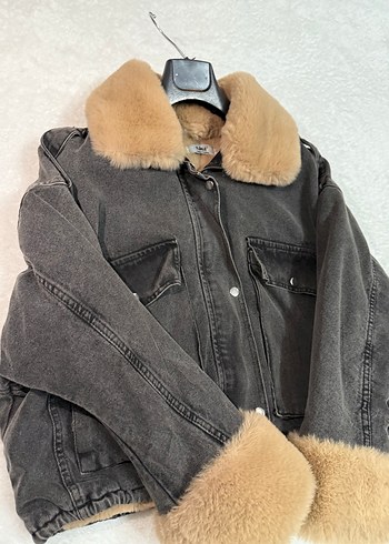 Kürklü Gri Kadın Kot mont - Görsel 2