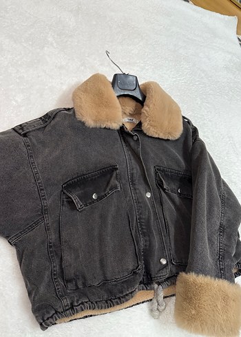 Kürklü Gri Kadın Kot mont - Görsel 3