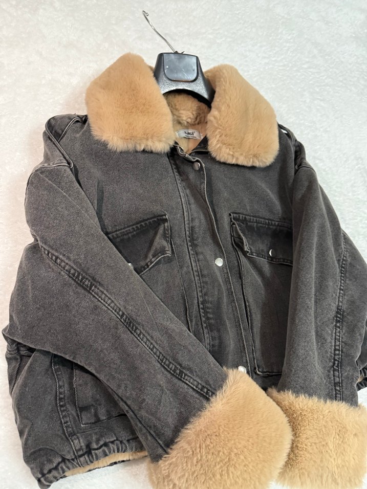 Kürklü Gri Kadın Kot mont - Görsel 2