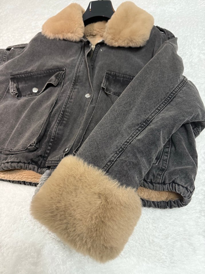 Kürklü Gri Kadın Kot mont - Görsel 5