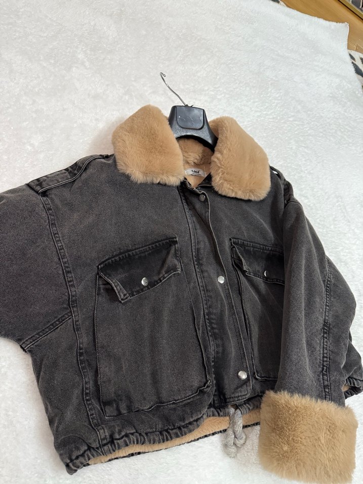 Kürklü Gri Kadın Kot mont - Görsel 3