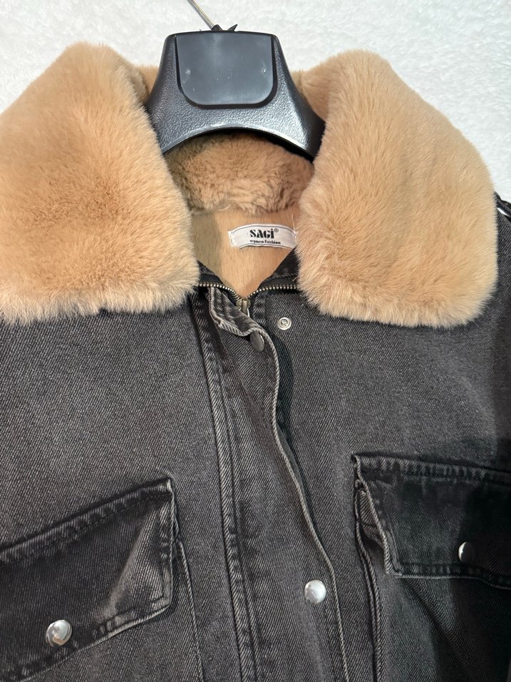 Kürklü Gri Kadın Kot mont - Görsel 4