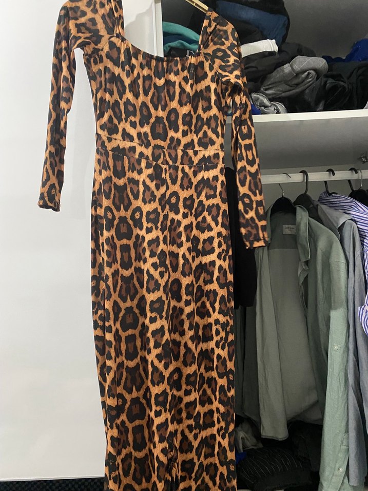 Kahverengi Leopar Desenli Uzun Kadın Elbise - Görsel 2