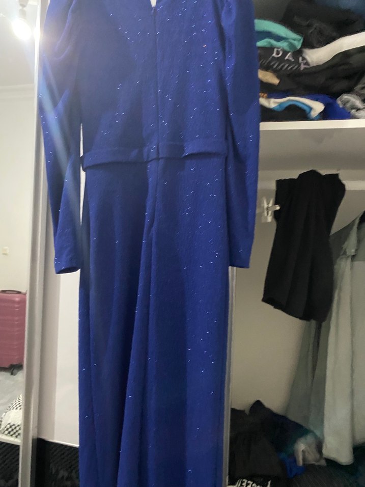 Uzun Kollu Drapeli Lacivert Abiye Elbise - Görsel 2