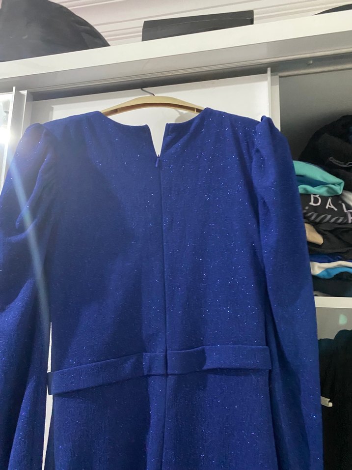 Uzun Kollu Drapeli Lacivert Abiye Elbise - Görsel 3