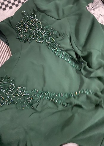 Yeşil Uzun Kollu Nakışlı Abiye Elbise - Görsel 5