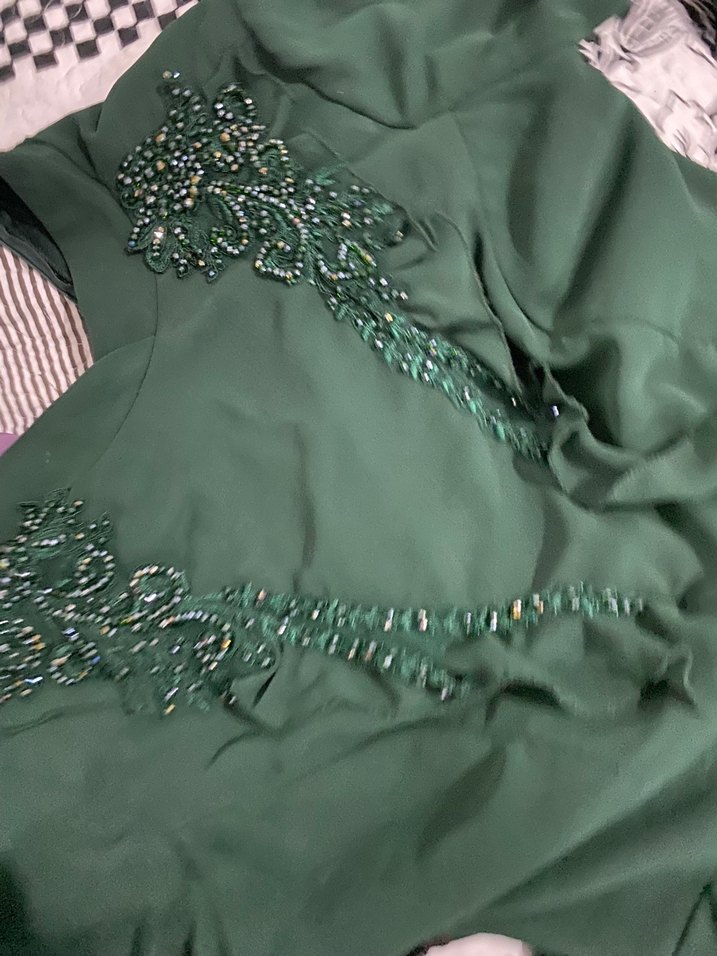 Yeşil Uzun Kollu Nakışlı Abiye Elbise - Görsel 5