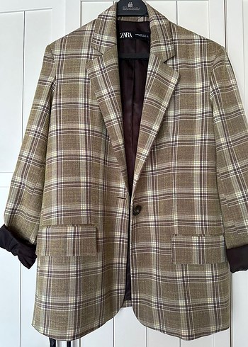 Düğmeli Kahverengi Ekoseli Kadın Blazer
