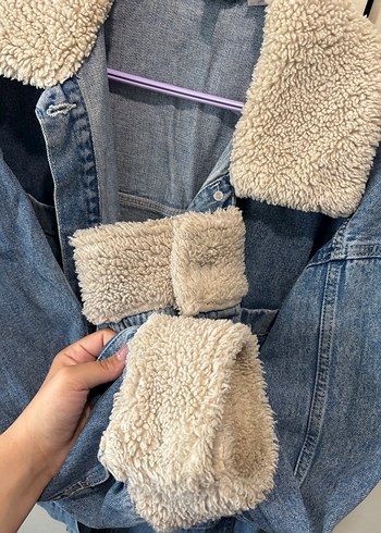 46 Beden mavi Renk Peluş Detaylı Mavi Kadın Denim Ceket
