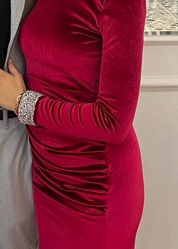 Bordo Drapeli Uzun Straplez Abiye Elbise - Görsel 2