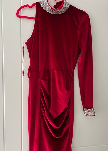 Bordo Drapeli Uzun Straplez Abiye Elbise - Görsel 3