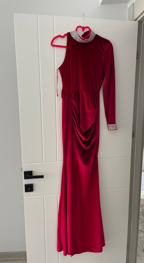 Bordo Drapeli Uzun Straplez Abiye Elbise - Görsel 4