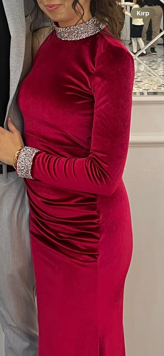 Bordo Drapeli Uzun Straplez Abiye Elbise - Görsel 2