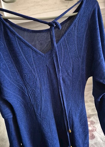 Bisiklet Yaka Uzun Kollu Lacivert Elbise - Görsel 5