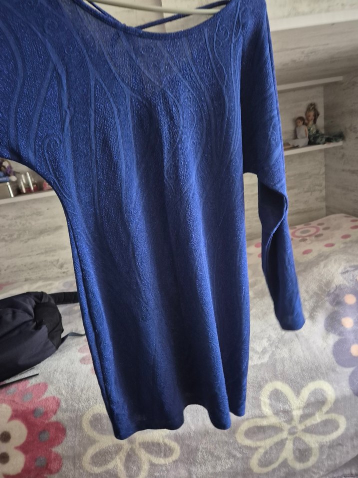 Bisiklet Yaka Uzun Kollu Lacivert  Elbise - Görsel 4