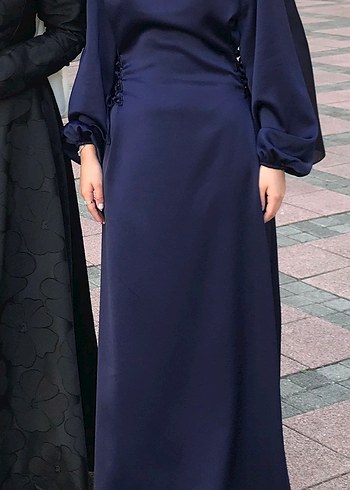 Abiye Lacivert Uzun Kollu Drapeli Abiye Elbise
