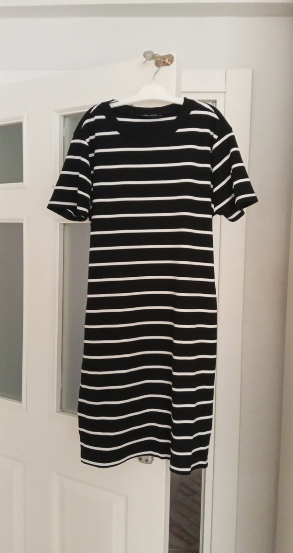 Siyah Beyaz Çizgili Midi Pamuklu Elbise - Görsel 2