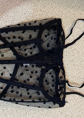 Siyah Puantiyeli Dantelli Mini Büstiyer ARKA İPİ YOKTUR - Görsel 3