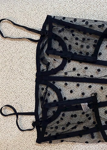 Siyah Puantiyeli Dantelli Mini Büstiyer ARKA İPİ YOKTUR - Görsel 2