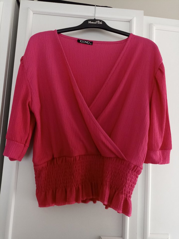 Pembe V Yaka Kısa Kollu Salaş Bluz - Görsel 2