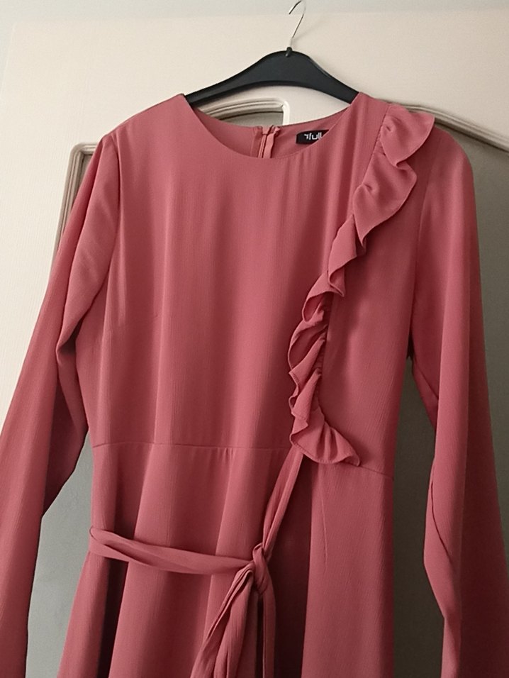 Gül kurusu Uzun Kollu Fırfırlı Salaş Elbise - Görsel 2