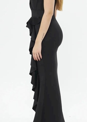 Siyah V Yaka Uzun Abiye Elbise - Görsel 4