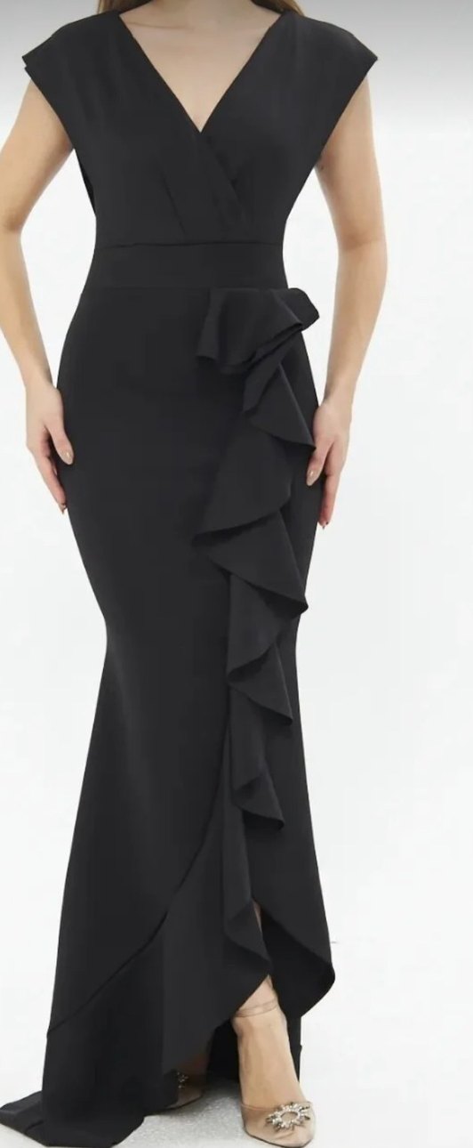 Siyah V Yaka Uzun Abiye Elbise - Görsel 5