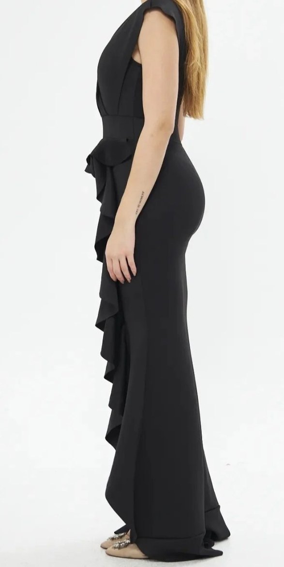 Siyah V Yaka Uzun Abiye Elbise - Görsel 4