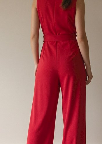 Kemerli Kırmızı Midi Kadın Tulum - Görsel 2