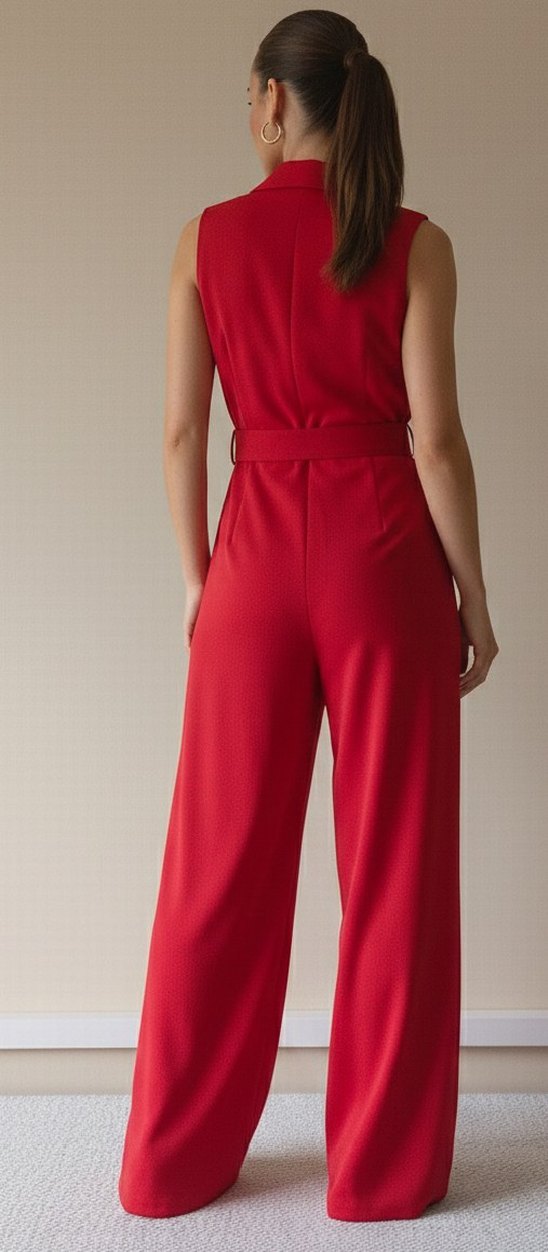 Kemerli Kırmızı Midi Kadın Tulum - Görsel 2