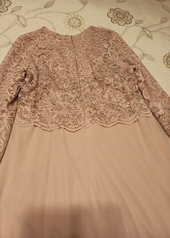 Dantel Detaylı Uzun Kollu Bej Nişan Elbisesi - Görsel 6