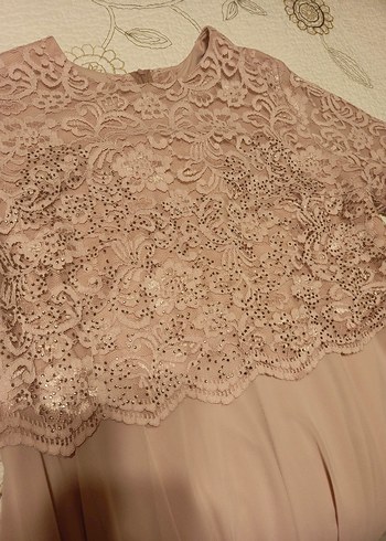 Dantel Detaylı Uzun Kollu Bej Nişan Elbisesi - Görsel 8